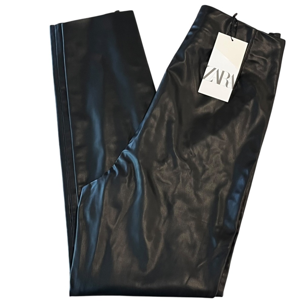 NWT Zara Faux Leather High‎ Rise Leggings Womens L Black Stretch